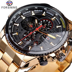 Forsining Three Dial Calendar Display Black Stainless Steel Men Automatic Wrist Watch Top Brand Luxury Military Sport Male Clock